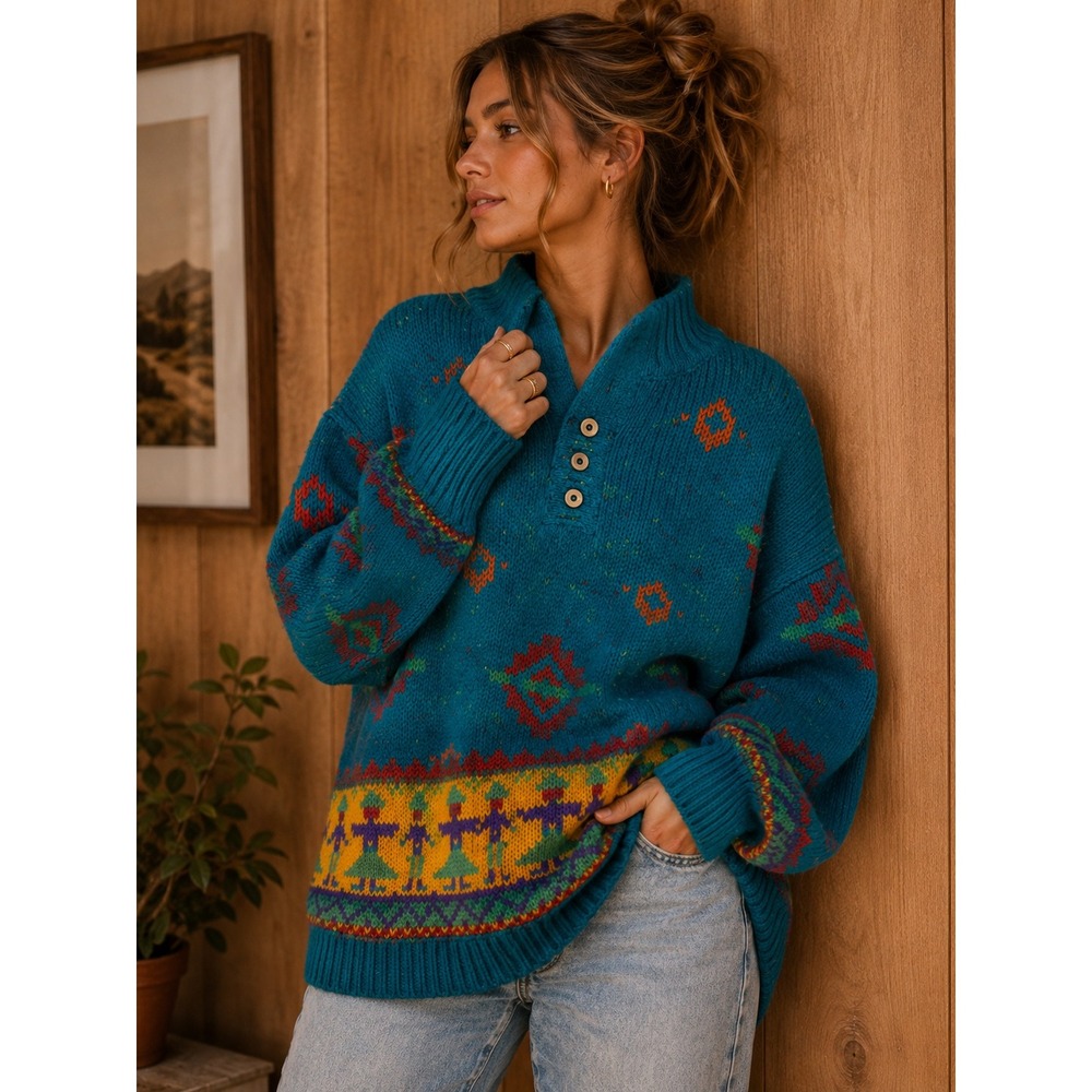 Vintage 90s Lizwear Teal Southwestern Wool Blend Oversized Sweater Medium L